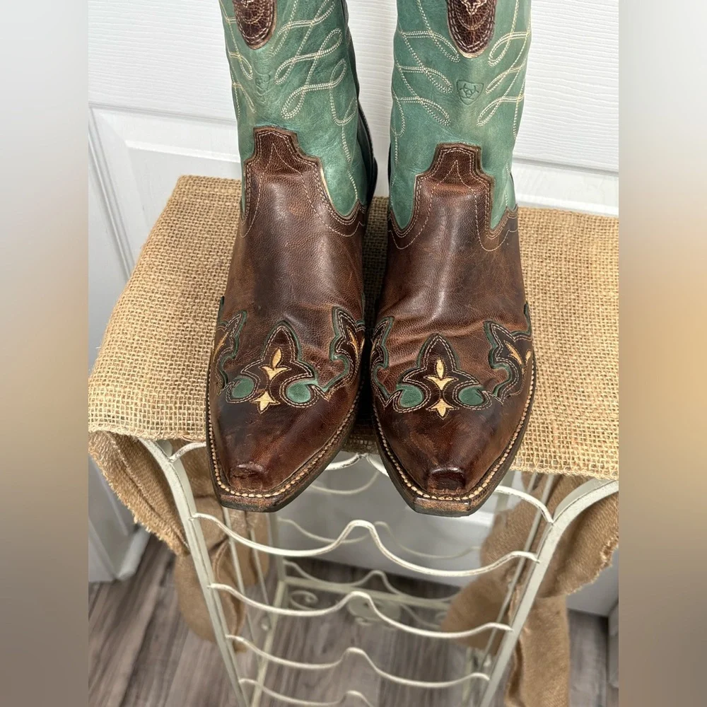 Ariat Brown and Teal Western Heeled Cowboy Boots - Picture 7 of 13